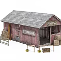 Industrial Warehouse Exterior With Red Walls Gray Roof Storage Sign Wooden Fence And Crates