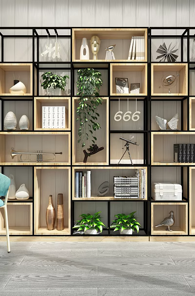 Modern Open Shelf Bookcase With Books Potted Plants And Decorative Items Room Interior 3d model