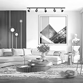 Modern Living Room Sofa and Coffee Table Set with Gray Upholstery Artwork Red Accent Chair