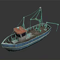 Vintage Fishing Boat With Red Roof Blue Hull And Crane For Water Transport