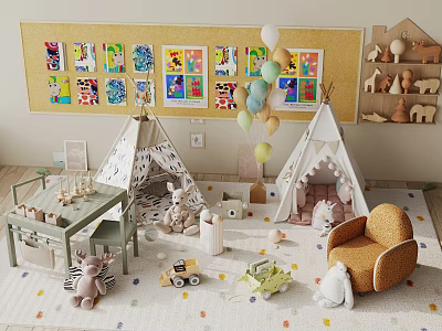 Kids Room Interior With Teepees Bulletin Board Colorful Balloons And Stuffed Toys 3d model