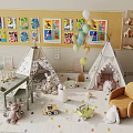 Kids Room Interior With Teepees Bulletin Board Colorful Balloons And Stuffed Toys