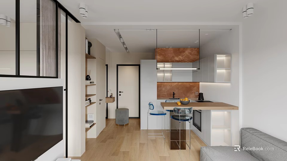 Modern Apartment Open Plan Kitchen Living Area With Island Sofa And Cabinets 3d model 