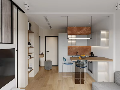 Modern Apartment Open Plan Kitchen Living Area With Island Sofa And Cabinets 3d model