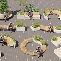 Urban Park With Circular Wooden Tree Pits And Benches Where People Sit