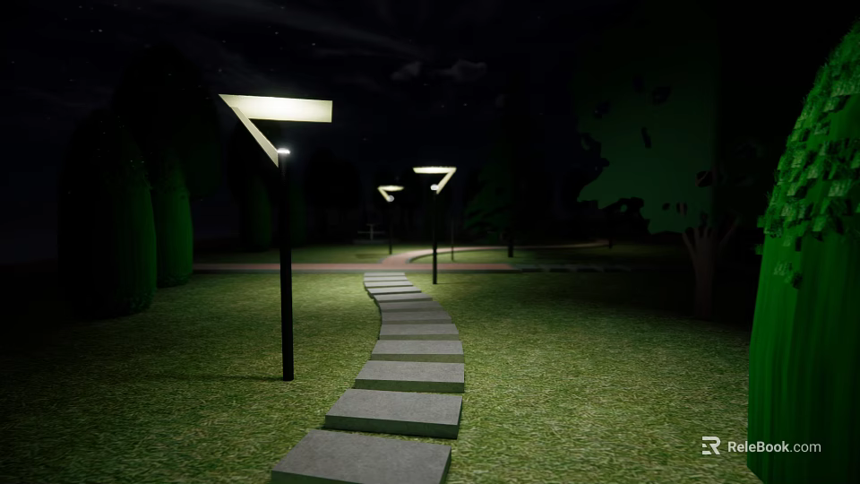 Starry Night Park Landscape With Stone Walkway Illuminated Lamps Green Grass And Trees 3d model 