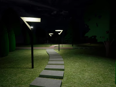 Starry Night Park Landscape With Stone Walkway Illuminated Lamps Green Grass And Trees 3d model