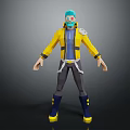 Game and Movie Character With Blue Green Hair Mask Yellow Jacket Gray Pants And Boots