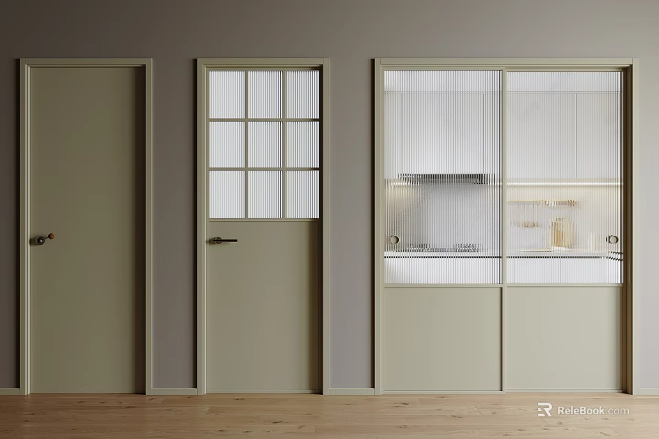 Modern Light Green Sliding Doors With Ribbed Glass For Kitchen Area Design 3d model 