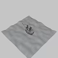 Wooden Pirate Ship With Blue Sails And Skull Emblem On Water Surface