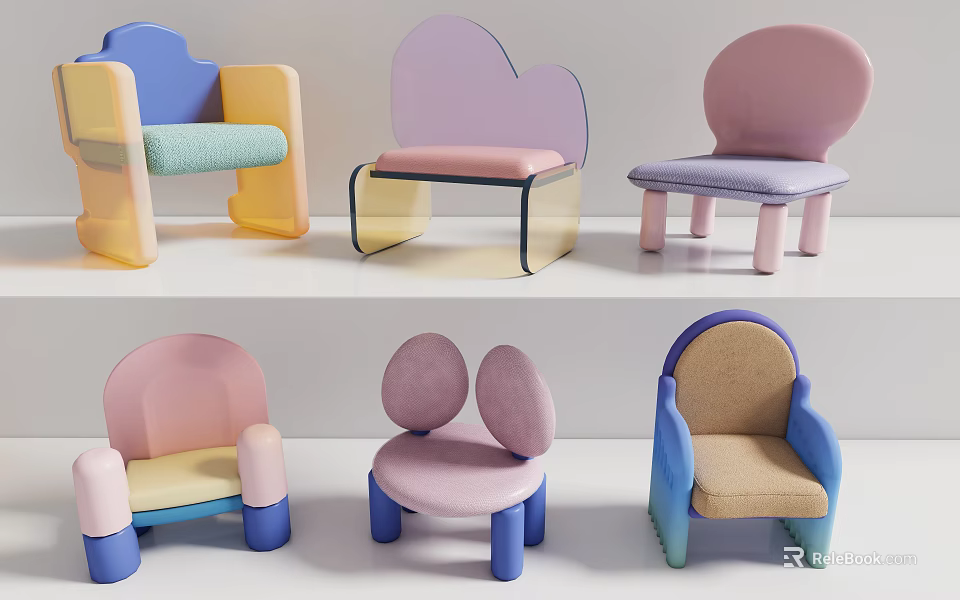 Colorful Modern Children's Chairs With Unique Shapes And Comfortable Seats For Kids 3d model 