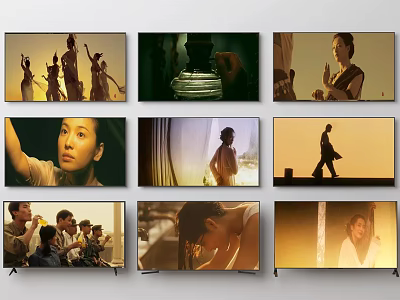 TV Screens Displaying Various Movie Scenes With Diverse Characters And Settings 3d model