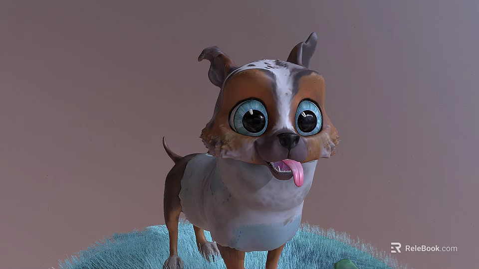 Cartoon Dog Character with Big Eyes Tongue Out Brown White Fur Standing on Blue Grass 3d model 