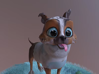 Cartoon Dog Character with Big Eyes Tongue Out Brown White Fur Standing on Blue Grass 3d model