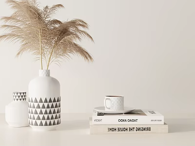 Modern Decorative Ornament Set Featuring White Vases Triangle Patterns Books Mug And Pampas Grass 3d model