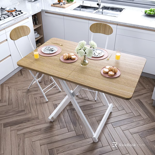 Wooden Table and Chair Set With White Frame Pink Placemats Bread Rolls And Orange Juice 3d model 