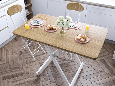 Wooden Table and Chair Set With White Frame Pink Placemats Bread Rolls And Orange Juice 3d model