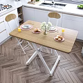 Wooden Table and Chair Set With White Frame Pink Placemats Bread Rolls And Orange Juice