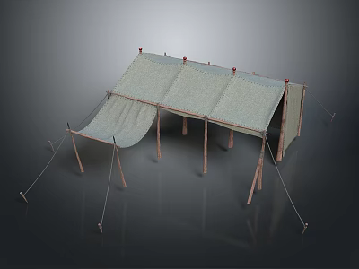 Outdoor Canvas Tent Furniture with Wooden Supports and Rope Fastenings for Camping Use 3d model