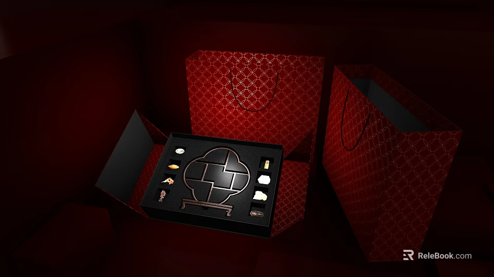 Elegant Decorative Ornament Set In Black Box With Red Shopping Bags And Golden Details 3d model 