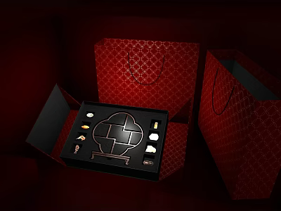 Elegant Decorative Ornament Set In Black Box With Red Shopping Bags And Golden Details 3d model