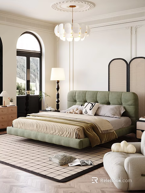 Modern Bedroom Interior Design With Green Upholstered Headboard Neutral Bedding And Arched Window 3d model 