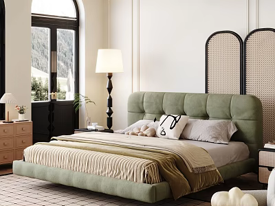 Modern Bedroom Interior Design With Green Upholstered Headboard Neutral Bedding And Arched Window 3d model