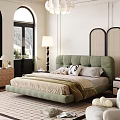Modern Bedroom Interior Design With Green Upholstered Headboard Neutral Bedding And Arched Window