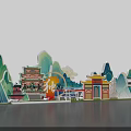 Traditional Chinese Art Installation With Mountain Shapes Classical Architecture And Fu Character