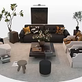 Stylish Sofa And Coffee Table Set With Multiple Armchairs Decorative Plants And Magazines 3d model