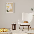 Cozy Fluffy White Armchair With Wooden Side Table Decor Bottles Pumpkin Lemons Wall Art Plant