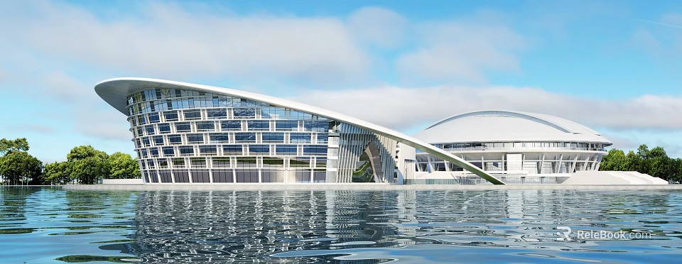 Modern Architectural Structure With Glass Facade Curved Roof And Water Reflection 3d model 