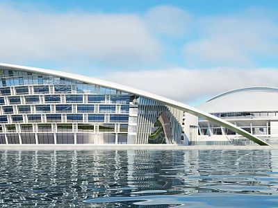 Modern Architectural Structure With Glass Facade Curved Roof And Water Reflection 3d model
