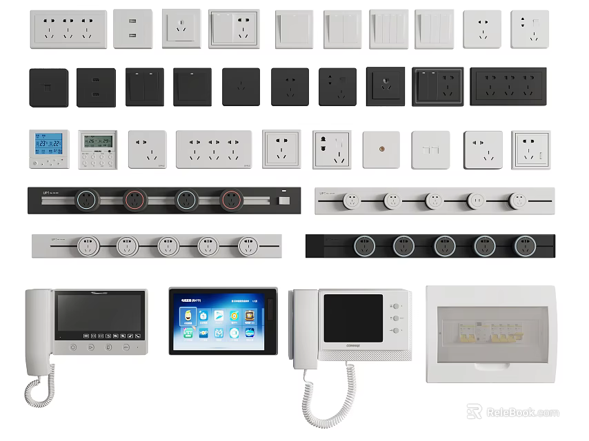 Various Types Of Switch Panels Including Sockets Display Screens And Doorbell Phone In White Black 3d model 