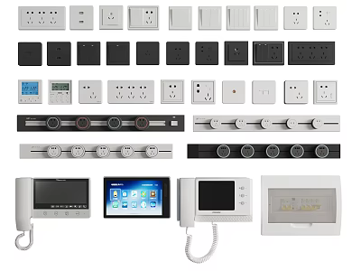 Various Types Of Switch Panels Including Sockets Display Screens And Doorbell Phone In White Black 3d model