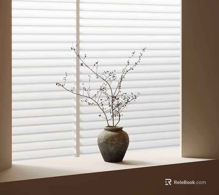 Gray Ceramic Vase With Small Flowers And Twigs On Window Sill By White Blinds 3d model 