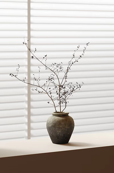 Gray Ceramic Vase With Small Flowers And Twigs On Window Sill By White Blinds 3d model