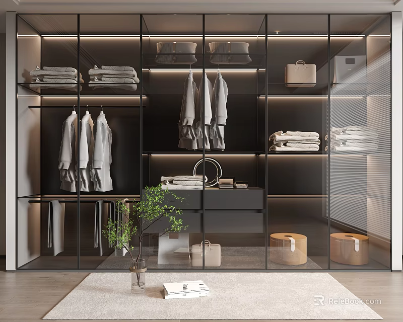 Modern Glass Door Wardrobe With Interior Storage Hanging Clothes And Folded Garments 3d model 