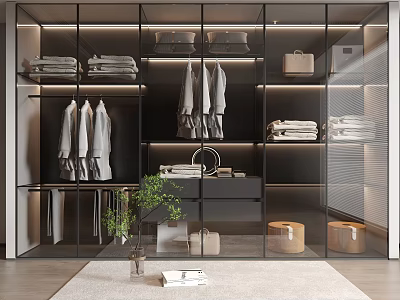 Modern Glass Door Wardrobe With Interior Storage Hanging Clothes And Folded Garments 3d model