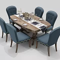 Modern Dining Table Set With Blue Gray Beige Chairs Vase Decor And Tableware 3d model