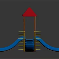 Playground Equipment With Red Roof Blue Slides Yellow Railings Tower Structure And Stairs