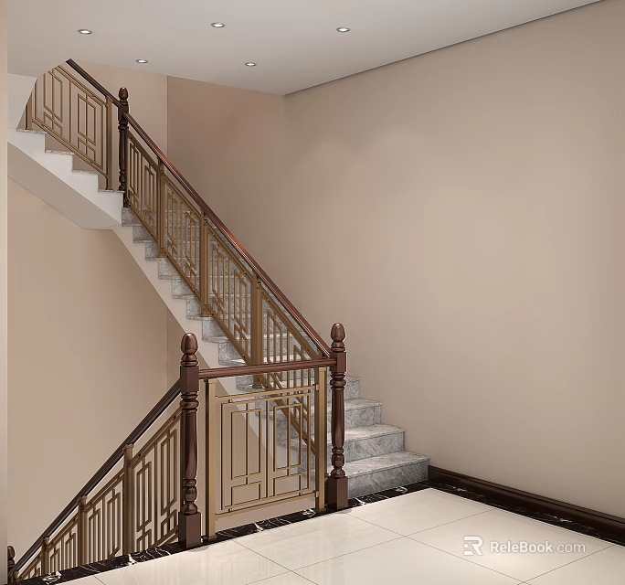 Elegant Staircase Design with Brown Handrail Golden Railings Light Colored Walls and White Steps 3d model 