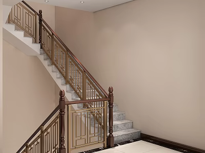 Elegant Staircase Design with Brown Handrail Golden Railings Light Colored Walls and White Steps 3d model