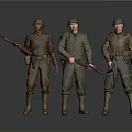 Realistic Three Game Movie Characters in Military Uniforms with Helmets and Rifles