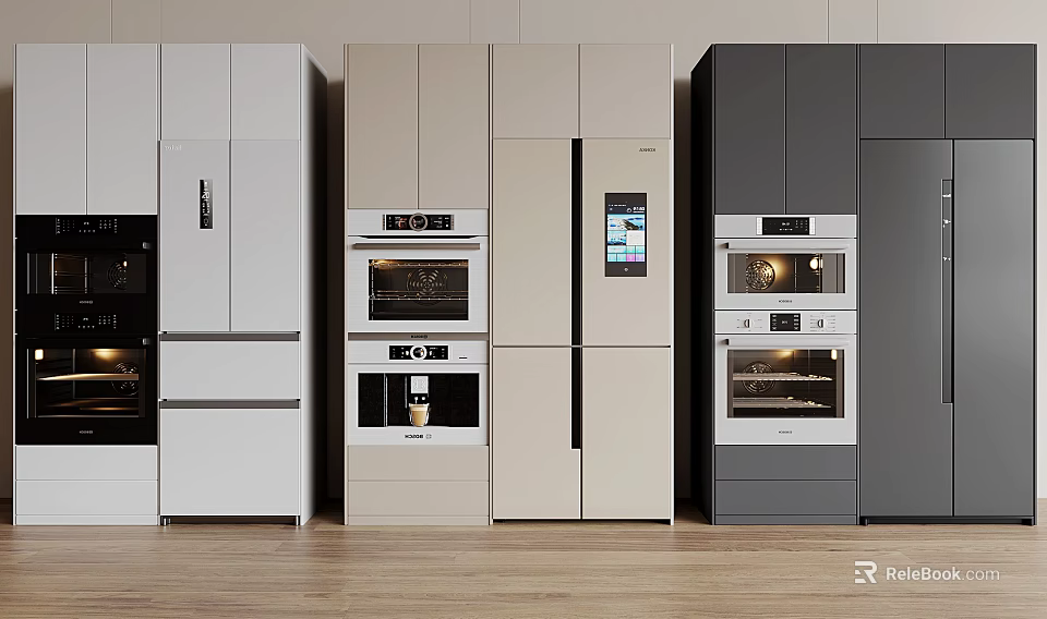 Modern Kitchen Cabinets In White Beige And Dark Gray With Built-in Appliances 3d model 