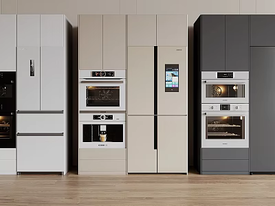 Modern Kitchen Cabinets In White Beige And Dark Gray With Built-in Appliances 3d model