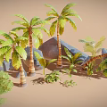 Natural Landscape Design With Wooden Palm Trunks Stone Rocks And Green Foliage Plants