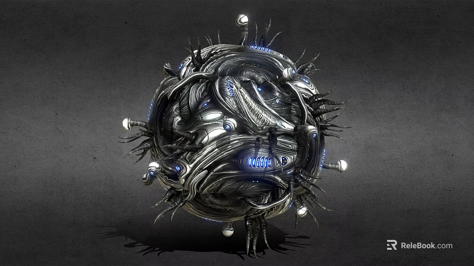 Game Movie Character Mechanical Sphere With Metallic Design Blue Glowing Elements And Spiked Structures 3d model 