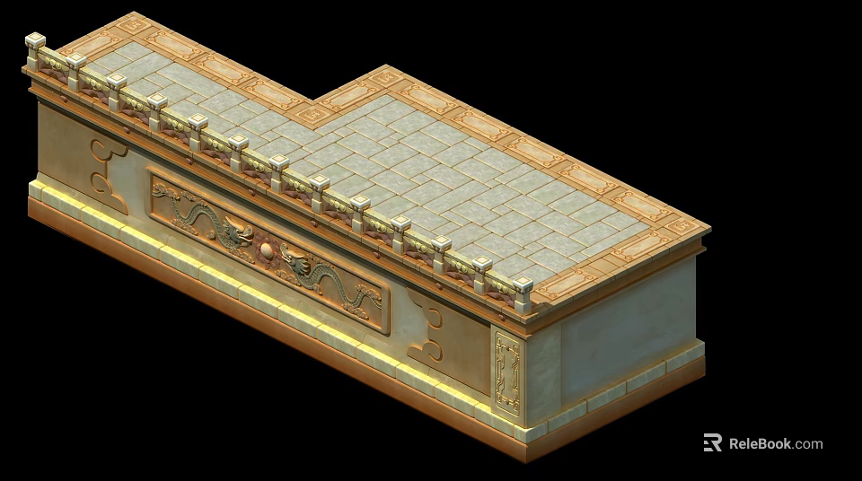 Traditional Ancient Architecture Platform Base With Ornate Carvings Golden Borders And Tiled Top 3d model 