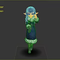 Blue Haired Elf Character In Blue Coat With White Fur Trim And Pink Shoes